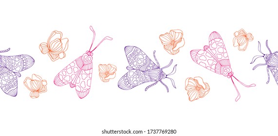 Hand drawn moths coloring vector border for children and adults.
Design elements for wallpapers, postcards and posters. Butterfly illustration.