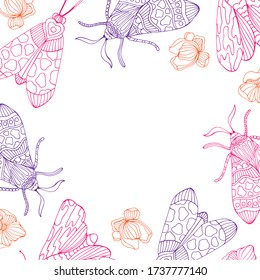 Hand drawn moths coloring vector frame for children and adults.
Design elements for wallpapers, postcards and posters. Butterfly illustration.