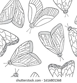 Hand drawn moths. Seamless pattern with non-butterflies.