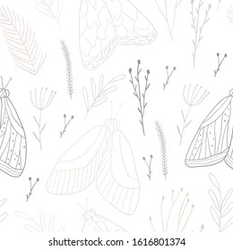 Hand drawn moths. Seamless pattern with non-butterflies.