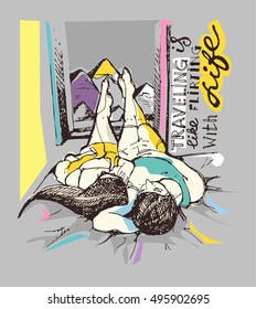 Hand drawn motivation poster with love couple. Traveling ia like a little life. Vector illustration