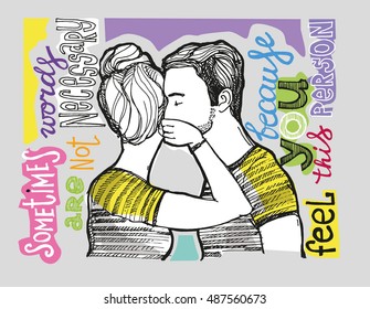 Hand drawn motivation poster. Sometimes words are not necessary because you feel this person. Love couple. Man and woman.Vector illustration.