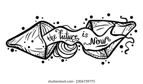 Hand drawn motivational poster with lettering phrase "the future is now" and a open fortune cookie