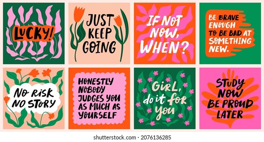 Hand drawn motivational quotes to keep inspired for success, lettering posters, greeting cards. Phrases for business goals, self development, life coach. Perfect for prints, wall art and social media