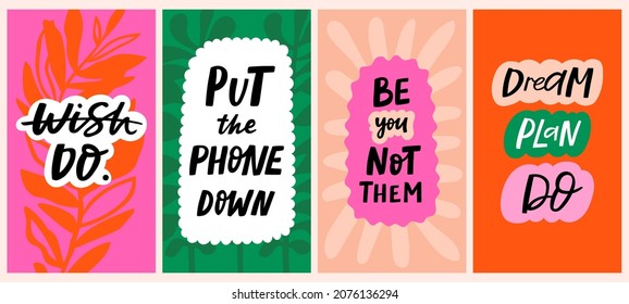 Hand drawn motivational quotes to keep inspired for success, lettering posters, stories. Phrases for business goals, self development, life coach. Perfect for prints, wall art and social media