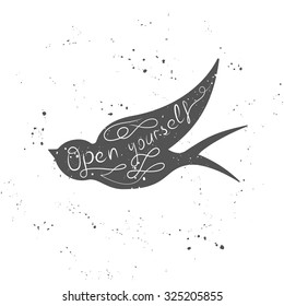 Hand drawn motivational typography poster with flying swallow
