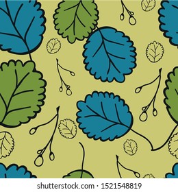 Hand drawn motley seamless pattern. Colorful linden leaves and branhces.