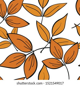 Hand drawn motley seamless pattern. Colorful leaves and branhces.