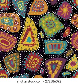 Hand drawn motley tribal seamless pattern in aboriginal style. All objects are conveniently grouped and are easily editable.