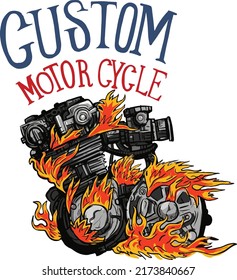 hand drawn motor cycle machine in fire custom motorcycle culture design vector