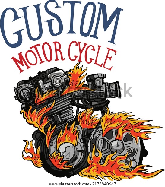 hand drawn motor cycle machine in fire custom\
motorcycle culture design\
vector