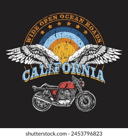 MOTOCICLETA DIBUJADA A MANO MOTOCICLETA VEHÍCULO DRIVE VIAJE AMERICANO RETRO WINGS ANGEL STAR DESTINATION ANTIGUAS CAMISETA TEE PRINT PARA LA MERCANCÍA DE LA ROPA