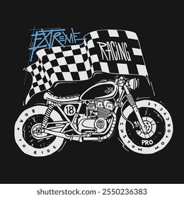 Motocicleta dibujada a mano con bandera, carreras extremas, diseño de impresión de camiseta