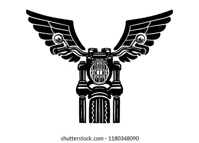 Hand drawn motorcycle illustration with wings. Design element for logo, label, emblem, sign, badge, poster, t shirt. Vector image