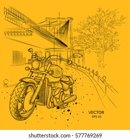 Hand drawn motorcycle on background. New York,  Brooklyn Concept. hand drawn vector illustration