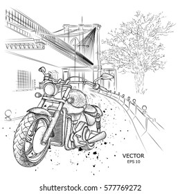 Hand drawn motorcycle on background. New York,  Brooklyn Concept. hand drawn vector illustration