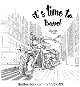 Hand drawn motorcycle on background. New York hand drawn vector illustration