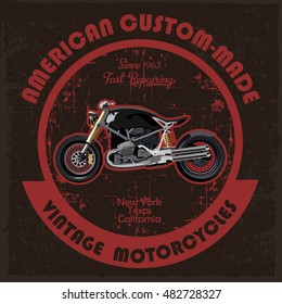 Hand drawn motorcycle on dusty vintage background in the circle, t-shirt design
