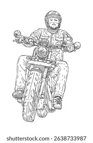 Hand Drawn Motorcycle Rider in Action, illustration isolated object on a white background.