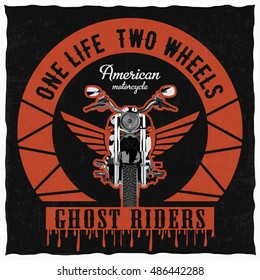 Hand drawn motorcycle with wings, 'One life, two wheels', t-shirt design