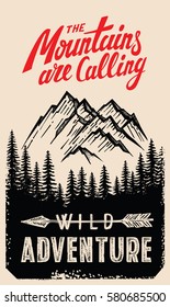 Hand drawn mountain adventure insignia with typography design