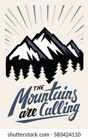 Hand drawn mountain adventure insignia with typography design