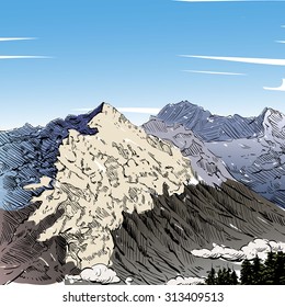 Hand drawn mountain backgrounds, vector illustration