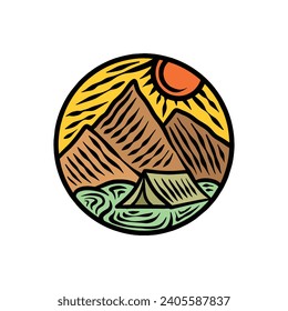 Hand Drawn Mountain Camping Logo Vector Design illustration Emblem