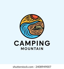 Hand Drawn Mountain Camping Logo Symbol Design illustration vector Icon Emblem