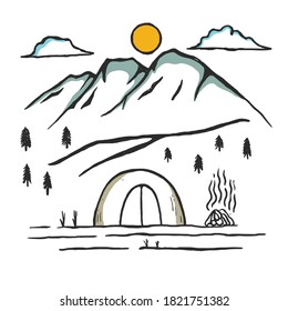 Vector de campamento de montaña dibujado a mano. Ilustración de camping dibujada a mano.