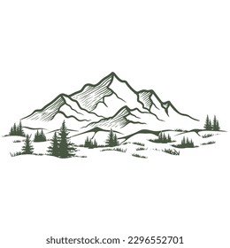 handgezeichnetes Bergdesign. Illustration von Bergen und Kiefern. 