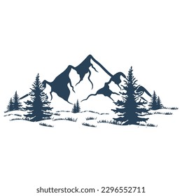 hand drawn mountain design. illustration of mountains and pine trees. 