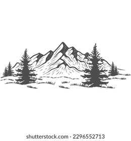 hand drawn mountain design. illustration of mountains and pine trees. 