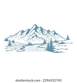 hand drawn mountain design. illustration of mountains and pine trees. 