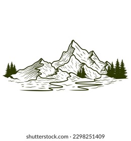 hand drawn mountain design. illustration of mountains and pine trees.