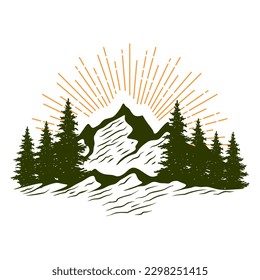 hand drawn mountain design. illustration of mountains and pine trees.