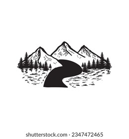 hand drawn mountain design. illustration of mountains and pine trees. for travel, hiking and outdoor activities
