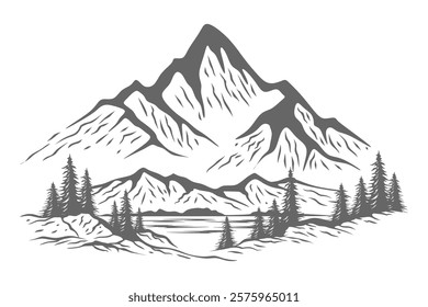 hand drawn mountain design. illustration of mountains and pine trees.