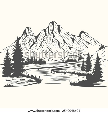 hand drawn mountain design. illustration of mountains and pine trees.	

