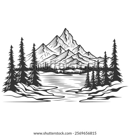 hand drawn mountain design. illustration of mountains and pine trees.	
