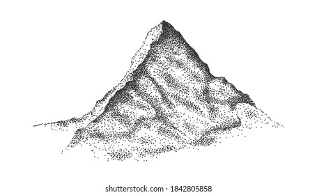 Hand drawn mountain in dot work style. Vector illustration isolated on white background.