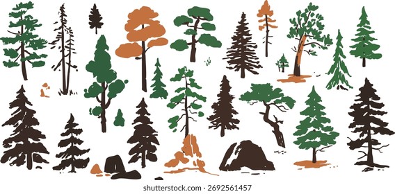 Coleção de árvores de floresta de montanha desenhadas à mão - Pine, Evergreen e Nature Vetor Set para design ao ar livre