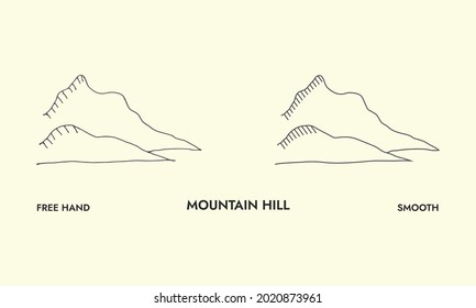 Colina de montaña dibujada a mano, logotipo, icono, línea de vectores.