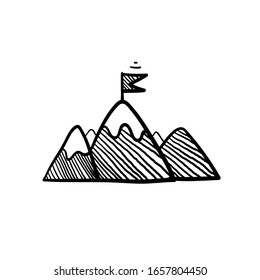 Hand Drawn Mountain Illustration With Flag On Top Doodle Style Vector Isolated