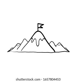 Hand Drawn Mountain Illustration With Flag On Top Doodle Style Vector Isolated