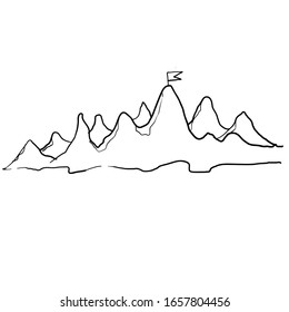 hand drawn mountain illustration with flag on top doodle style vector isolated