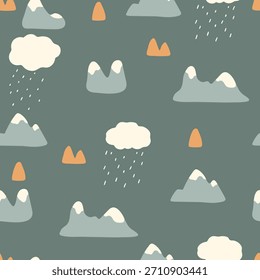 Hand drawn mountain kids pattern with rain clouds. Vector seamless pattern.