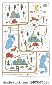 Hand Drawn Mountain Lake Rustic Road Map. Vector hand drawn illustration for print design, poster