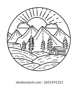Paisagem de montanha desenhada à mão com arte vetorial de cabine circular
