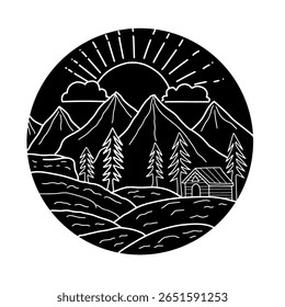 Paisagem de montanha desenhada à mão com arte vetorial de cabine circular
